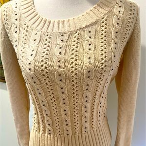 Calvin Klein Cable knit Sweater Beige with Golden Bugle Beads Sz